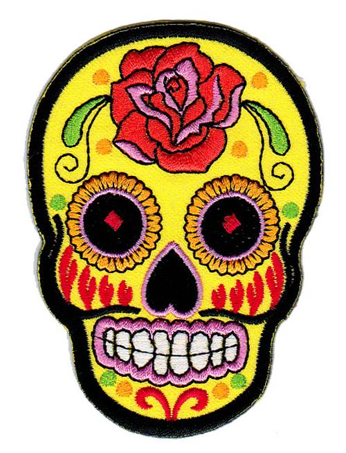 #bb04 Totenkopf Gelb Rose Mexiko Sugar Skull Aufnäher Bügelbild Patch Größe 6,6 x 9,0 cm