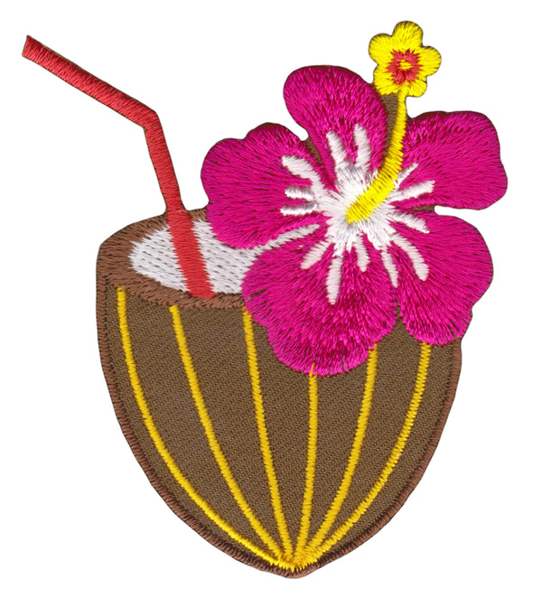 #ae78 Kokosnuss Cocktail Hibiskus Blüte Aufnäher Bügelbild Applikation Patch Größe 6,2 x 6,9 cm