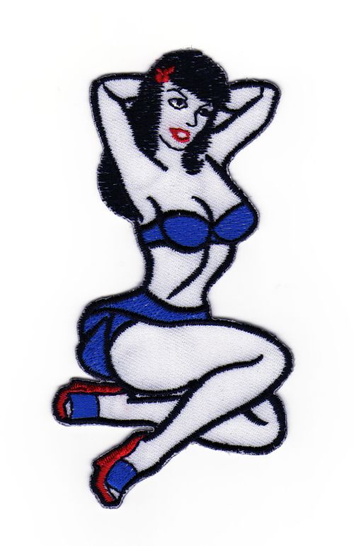 #ac02 Pin Up Girl Blau Aufnäher Tattoo Rockabilly Bügelbild Applikation Patch Größe 5,8 x 11,0 cm