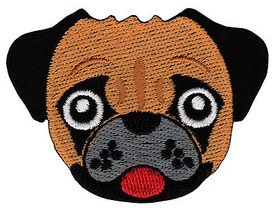 ao63★Mops Hund Kopf Aufnäher zum aufbügeln Bügelbild Patch Flicken 7,2 x 5,3 cm