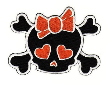 an83★Totenkopf Orange Schleife Aufnäher aufbügeln Bügelbild Patch Neu 8 x 7 cm