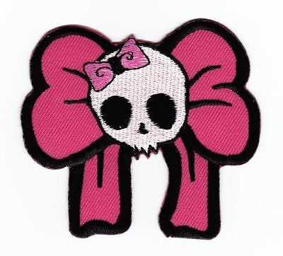 ap05★Totenkopf Schleife Pink Aufnäher Bügelbild Patch Applikation 7,8 x 7,0 cm