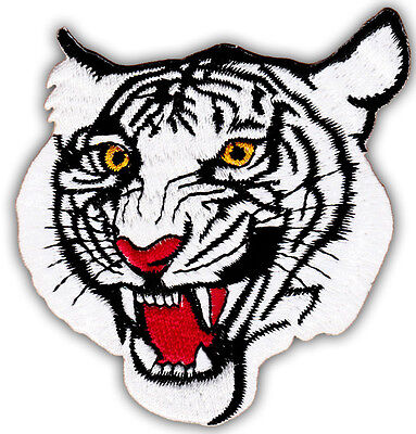 am34★Tiger Kopf Weiß Aufnäher zum aufbügeln Bügelbild Gestickt Patch 8 x 8,5 cm