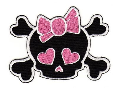 an81★Totenkopf Rosa Schleife Aufnäher aufbügeln Bügelbild Patch Flicken 8 x 7 cm