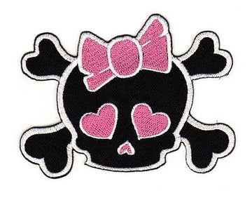 an81★Totenkopf Rosa Schleife Aufnäher aufbügeln Bügelbild Patch Flicken 8 x 7 cm