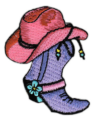 an20★Cowboy Stiefel Lila Hut Aufnäher Bügelbild Applikation Western 6,0 x 4,7 cm