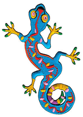 ao80★Blau Gecko Salamander Aufnäher aufbügeln Bügelbild Patch Gekko 6 x 9,5 cm