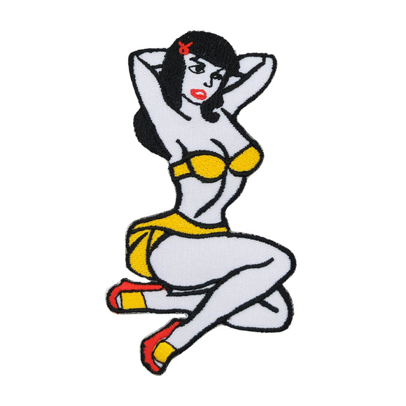 #ac01 Pin Up Girl Gelb Aufnäher Rockabilly Bügelbild Applikation Patch Größe 5,8 x 11,0 cm