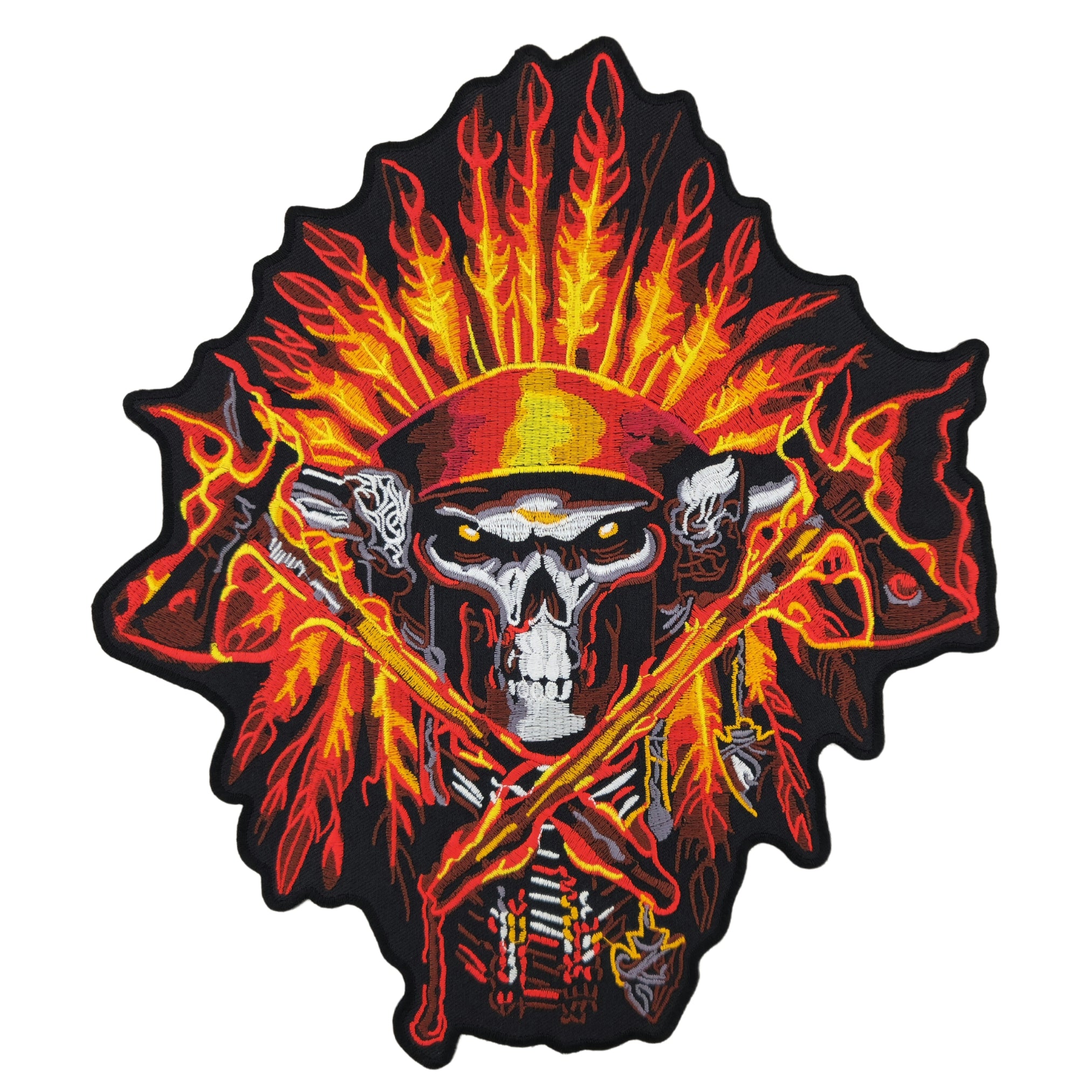 #Backpatch #63 Indianer Totenkopf Feuer Flammen Federn Biker Rückenaufnäher Back Patch Groß 22,7 x 26,4 cm