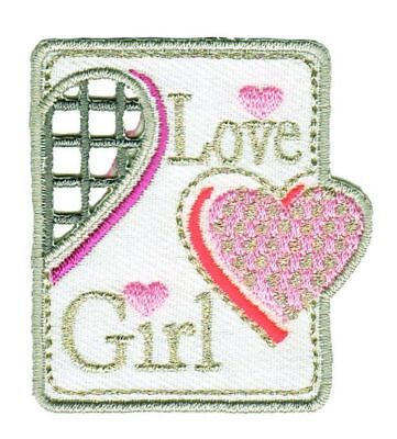 ap91★Love Girl Herz Pink Glitzer aufbügeln Aufnäher Bügelbild Patch 5 x 5,5 cm