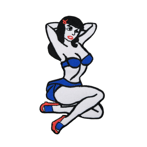 #ac02 Pin Up Girl Blau Aufnäher Tattoo Rockabilly Bügelbild Applikation Patch Größe 5,8 x 11,0 cm