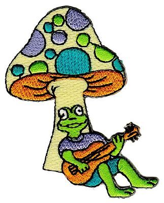 bb52★Frosch Grün Gitarre Pilz Aufnäher zum aufbügeln Bügelbild Patch 7 x 5,8 cm