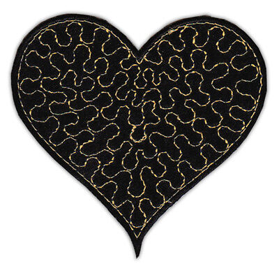 an44★Herz Schwarz mit Gold Aufnäher Gestickt Bügelbild Applikation 6,6 x 6,7cm