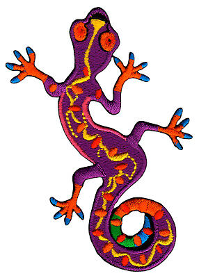 ao79★Lila Gecko Salamander Aufnäher aufbügeln Bügelbild Patch Gekko 6 x 9,5 cm