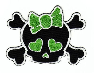 an82★Totenkopf Grün Schleife Aufnäher aufbügeln Bügelbild Patch Flicken 8 x 7 cm