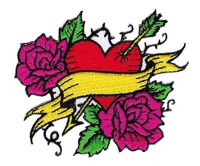 bg82★Herz Rose Tattoo Aufnäher aufbügeln Bügelbild Patch Bügelflicken 8,3 x 7 cm