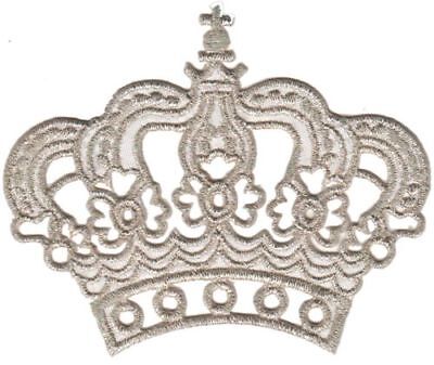 bc06★Krone Silber Aufnäher zum aufbügeln Bügelbild Prinzessin Patch 8,2 x 6,8 cm