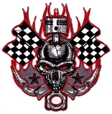 bc65★Totenkopf Kolben Karierte Flagge Aufnäher Bügelbild Patch Stern 9 x 9,2 cm