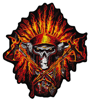ah42★Indianer Totenkopf Federn Feuer Aufnäher Bügelbild Patch Neu 10,0 x 11,5 cm