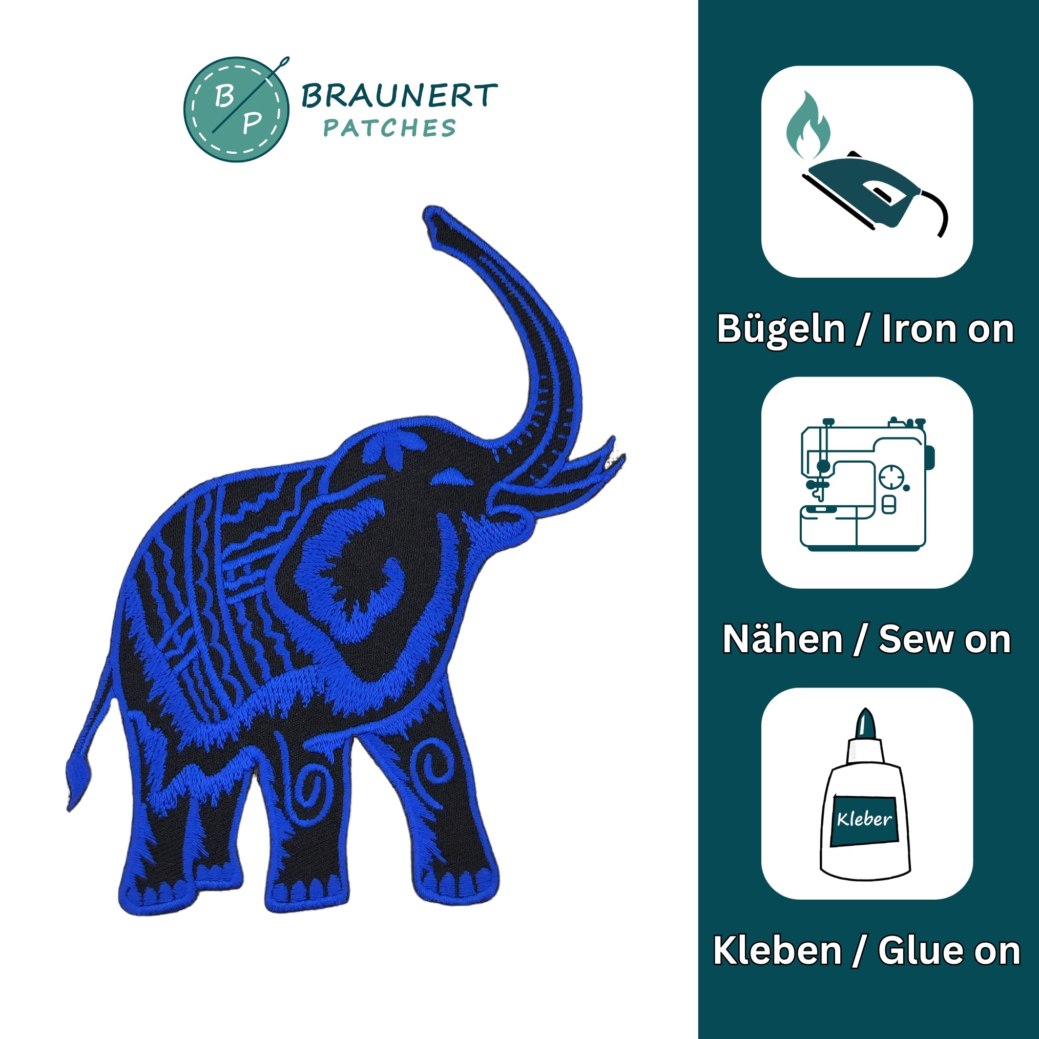 #aa35 Elefant Blau Aufnäher Bügelbild Applikation Patch Größe 10,0 x 12,3 cm