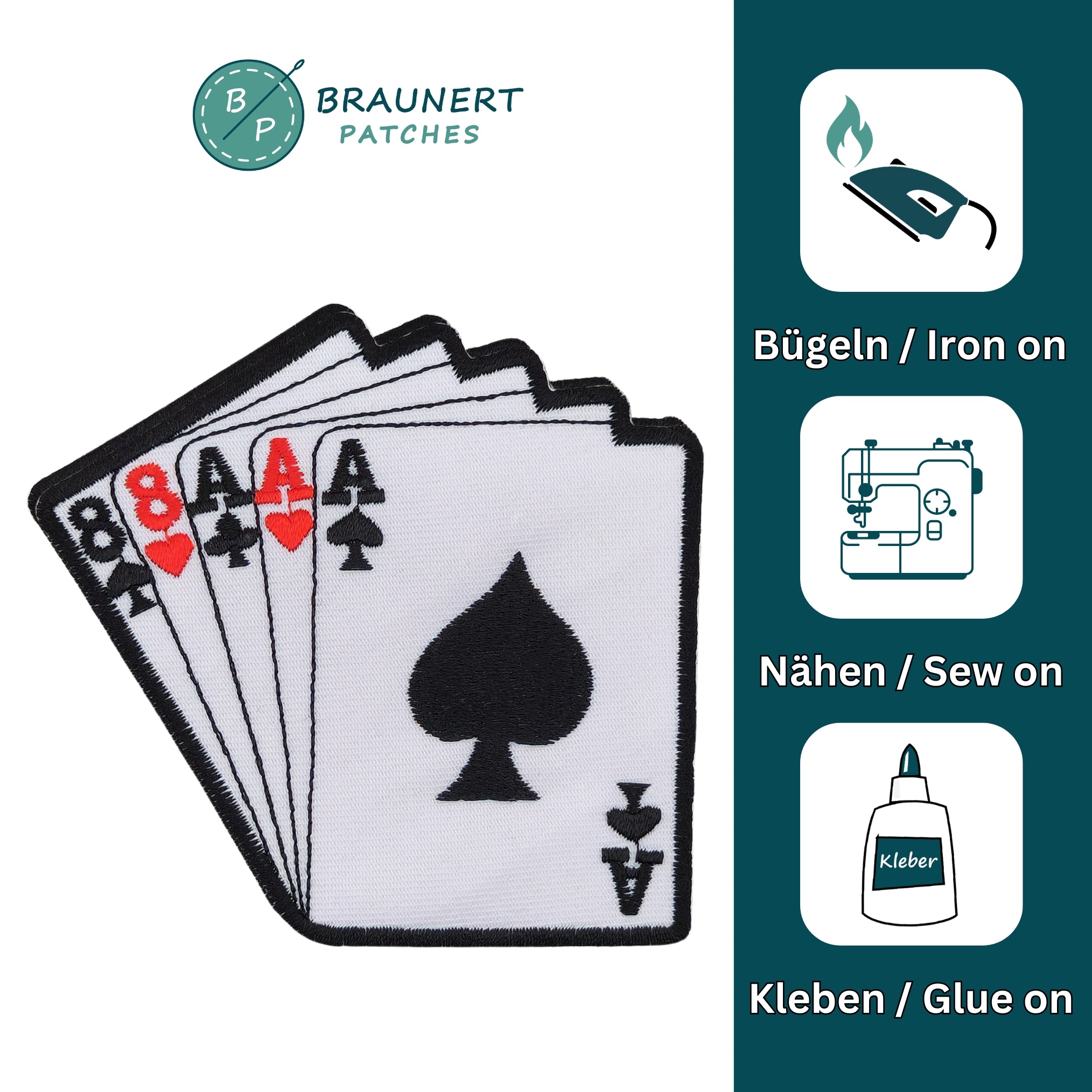 #ab39 Karten Full House Poker Aufnäher Bügelbild Applikation Größe 10,0 x 9,5 cm