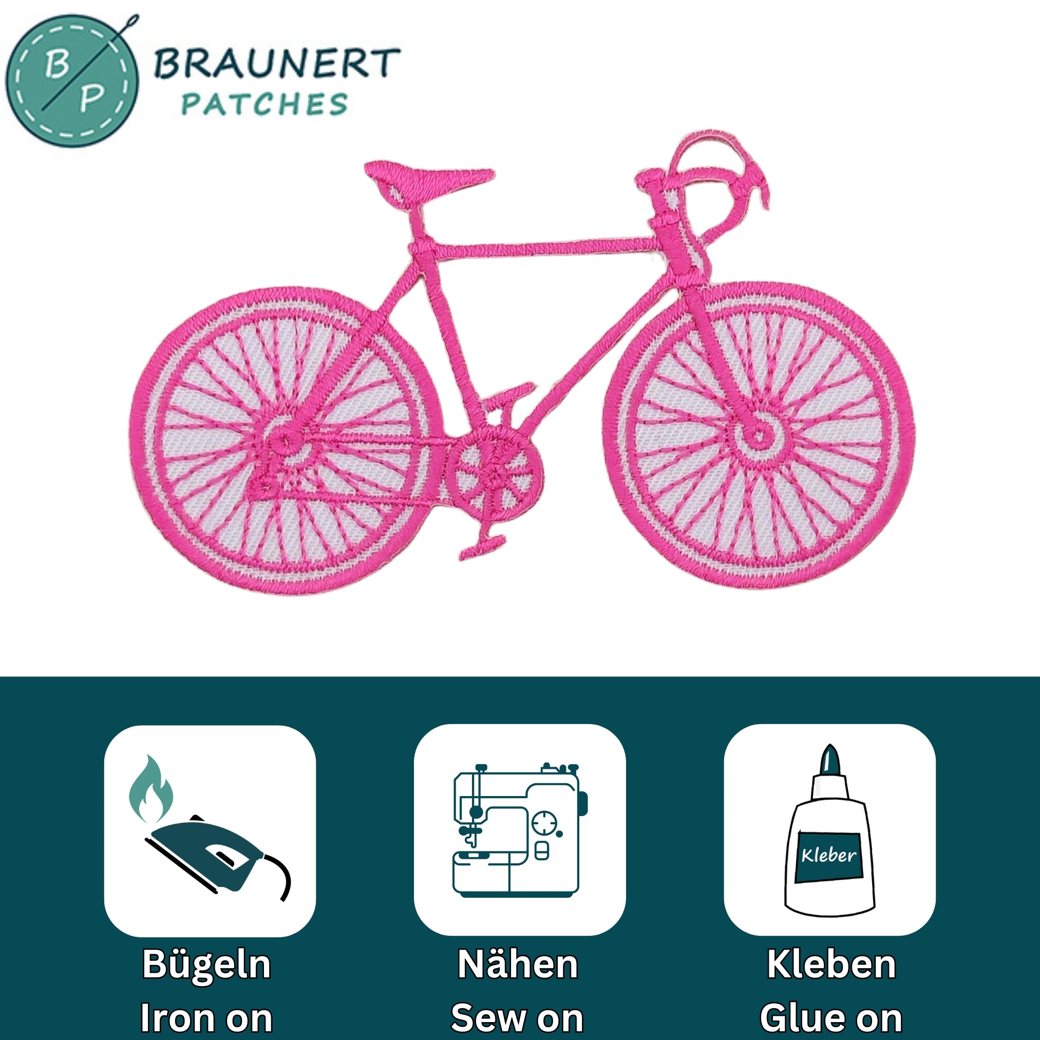 #aa43 Besticktes Rennrad Rosa Fahrrad Aufnäher Bügelbild Applikation Größe 8,5 x 5,1 cm - 0