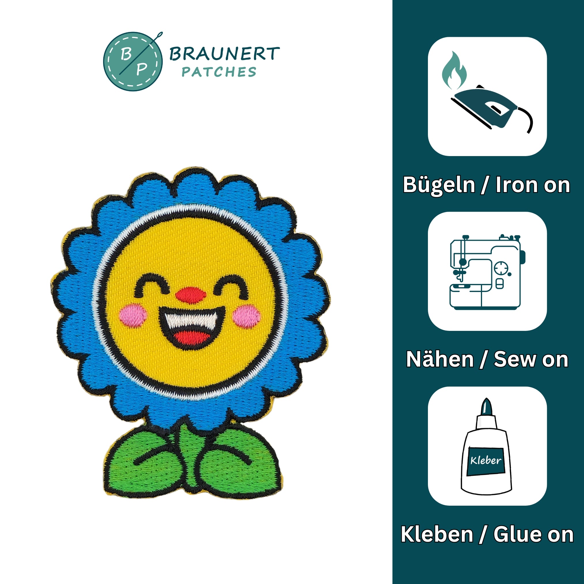 #aa89 Sonnenblume Blume Blau Aufnäher Kinder Bügelbild Applikation Größe