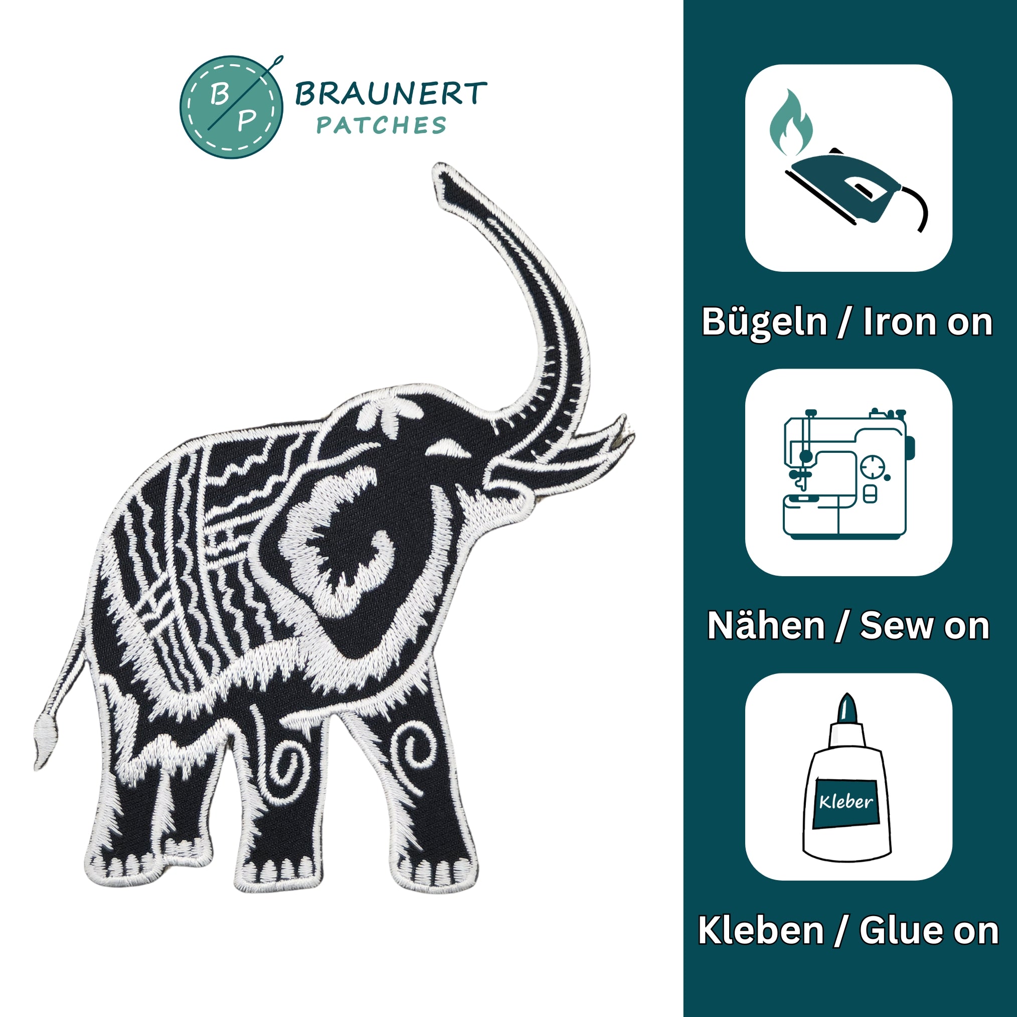 #aa36 Elefant Weiß Aufnäher Bügelbild Applikation Patch Größe 10,0 x 12,3 cm - 0