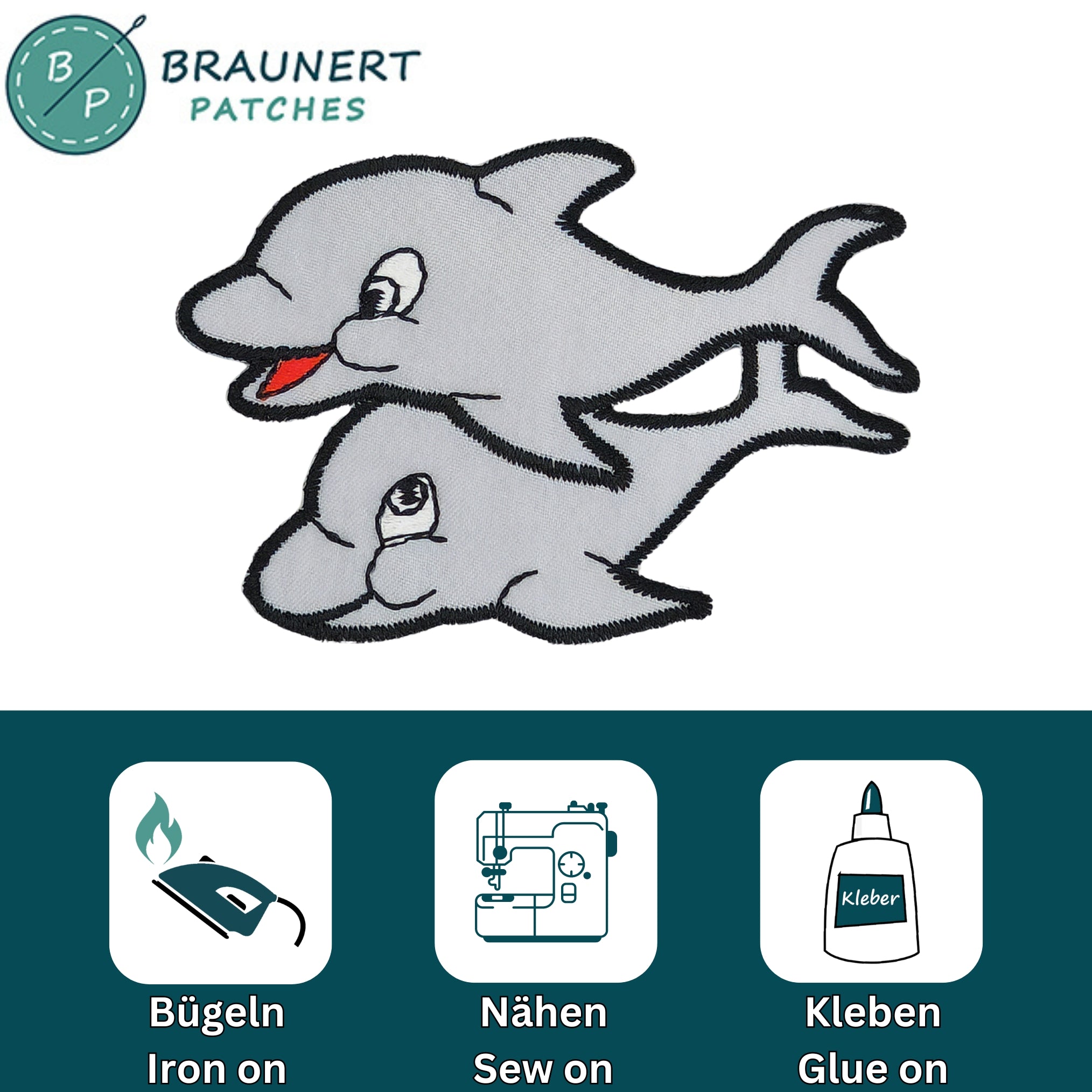 #aa51 Delfin Grau Kinder Aufnäher Bügelbild Applikation Patch Größe 7,5 x 5,1 cm - 0