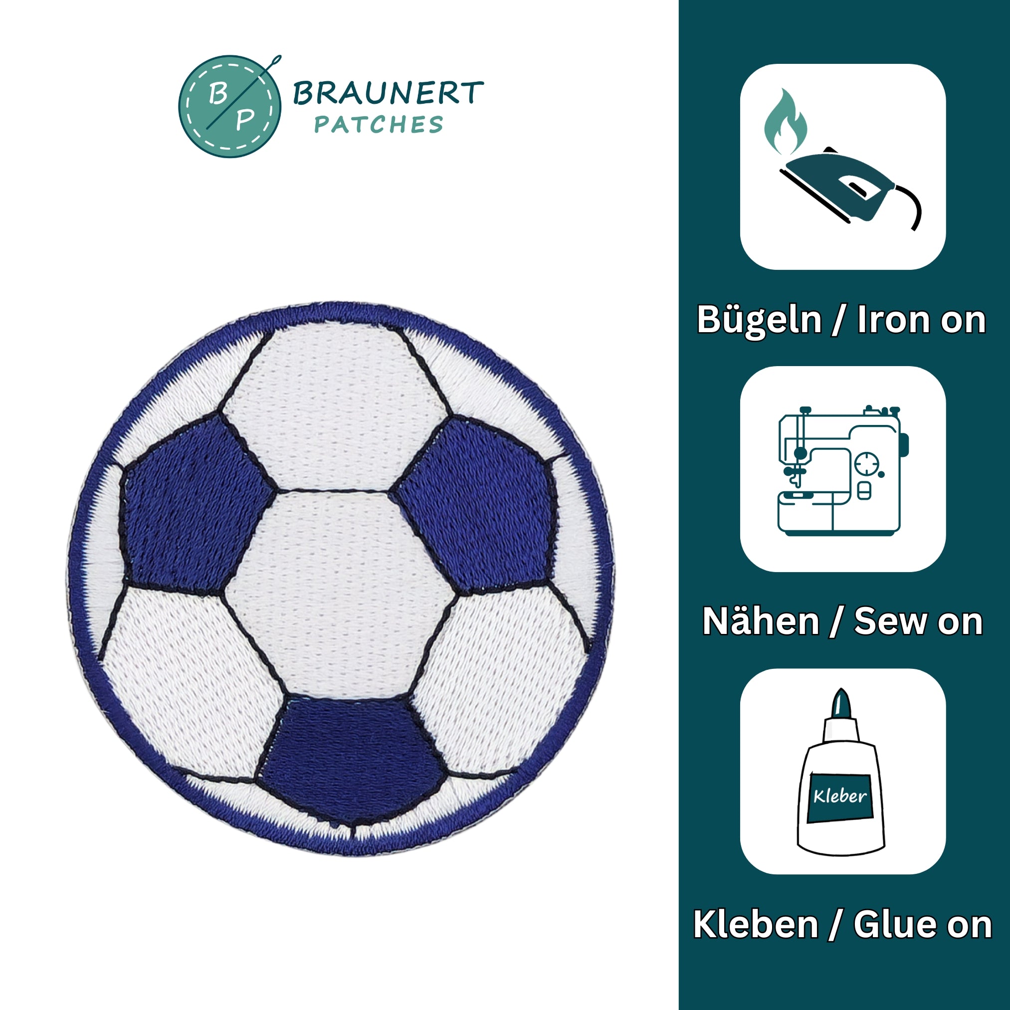 #ae40 Fußball Blau Weiß Ball Sport Aufnäher Applikation Bügelbild Flicken Patch Größe 5,3 x 5,3 cm