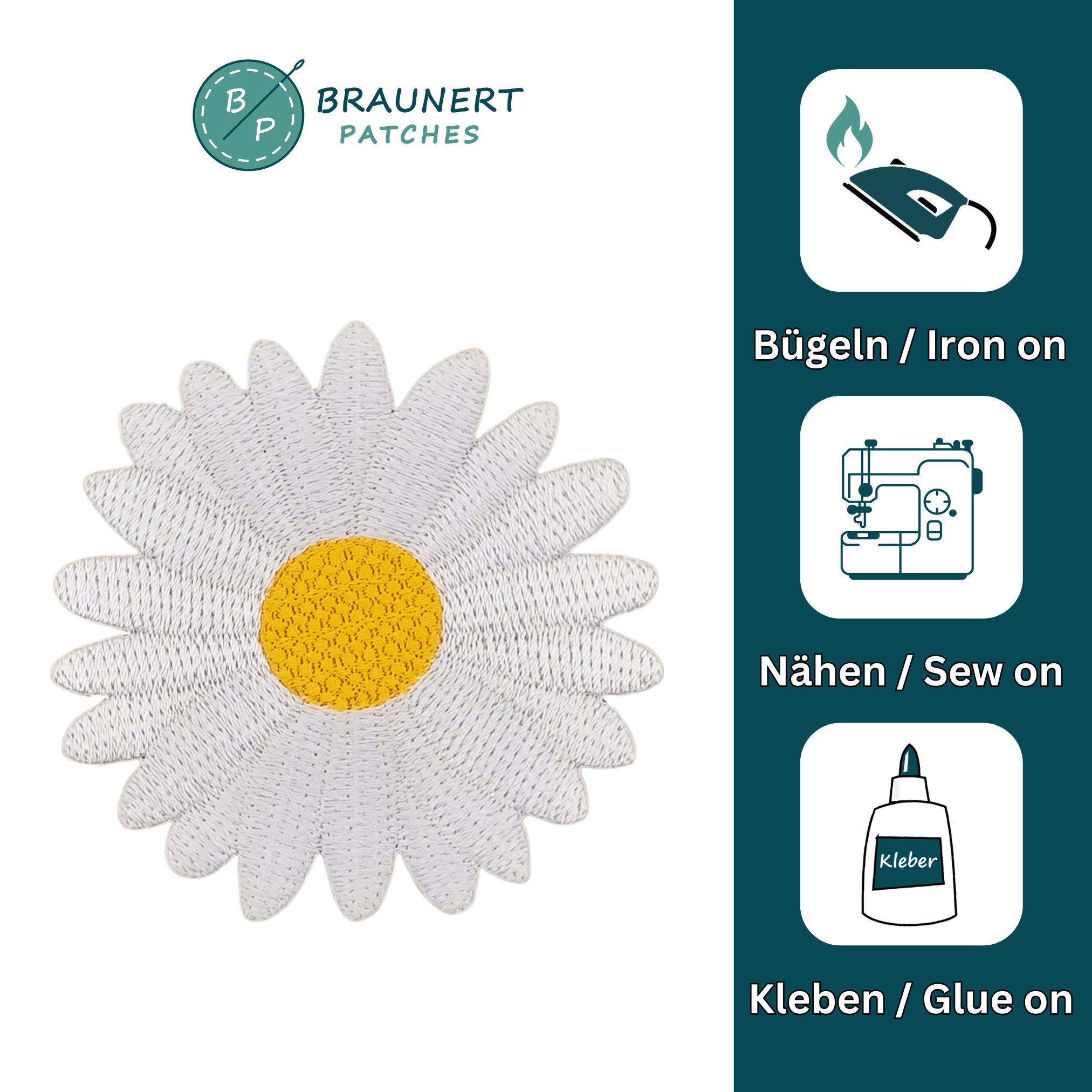 #ae45 Gänseblümchen Blume Blüte Weiß Aufnäher Bügelbild Applikation Patch Größe 6,0 x 6,0 cm