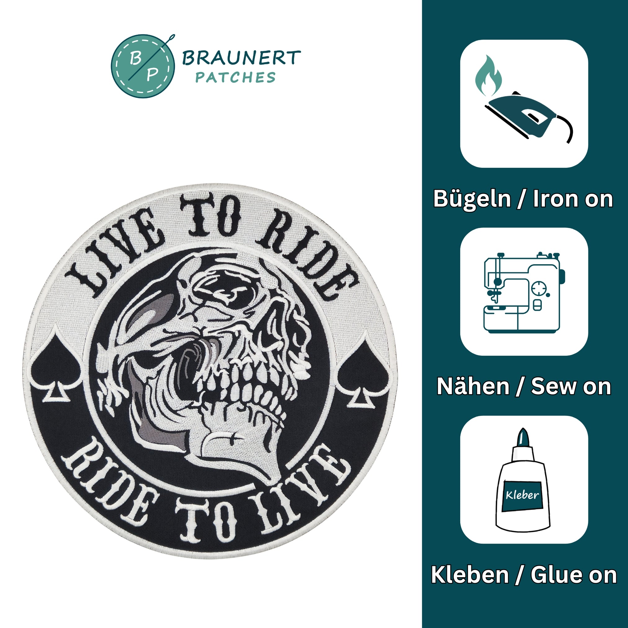 #Backpatch #64 Live to Ride Totenkopf Pik Biker Kutte Rückenaufnäher Back Patch Groß 22,5 x 22,5 cm