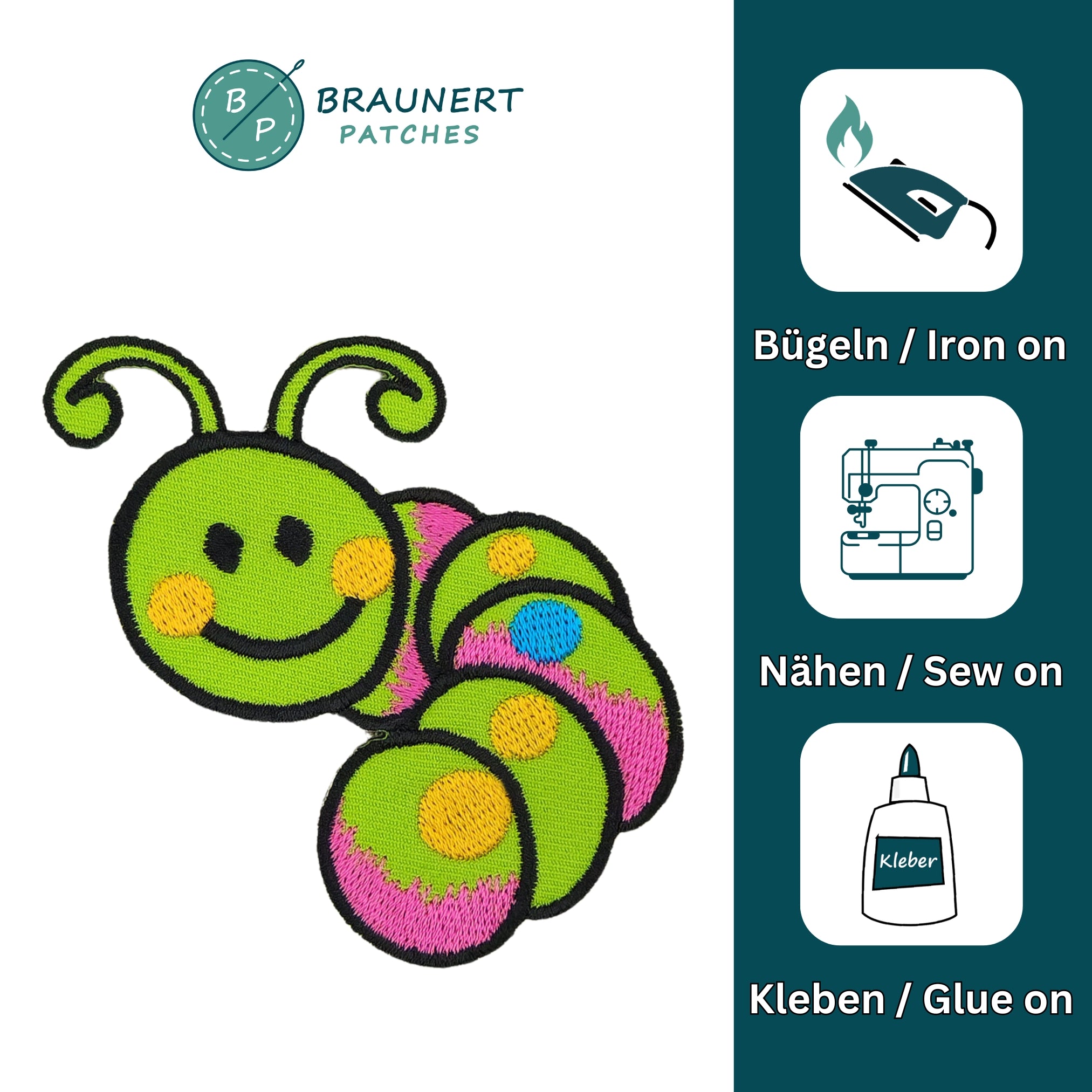 #aa55 Baby Raupe Grün Wurm Aufnäher Bügelbild Applikation Patch Größe 7,0 x 6,7 cm - 0