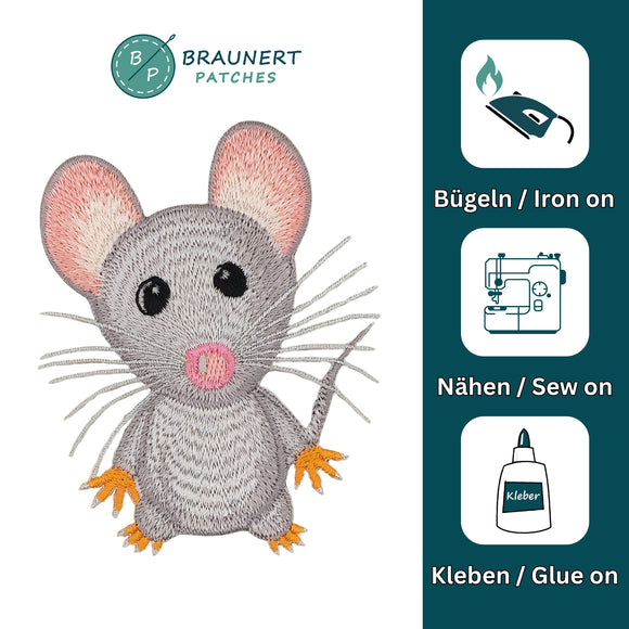 #aa37 Graue Maus Aufnäher Bügelbild Applikation Patch Größe 6,7 x 8,4 cm