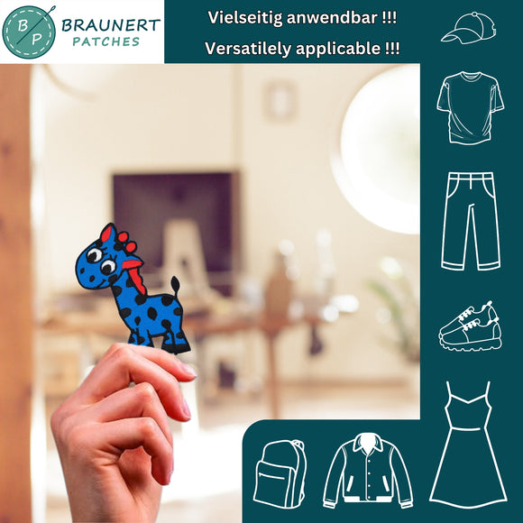 #aa41 Giraffe Blau Kinder Aufnäher Bügelbild Applikation Patch Größe 5,5 x 7,8 cm