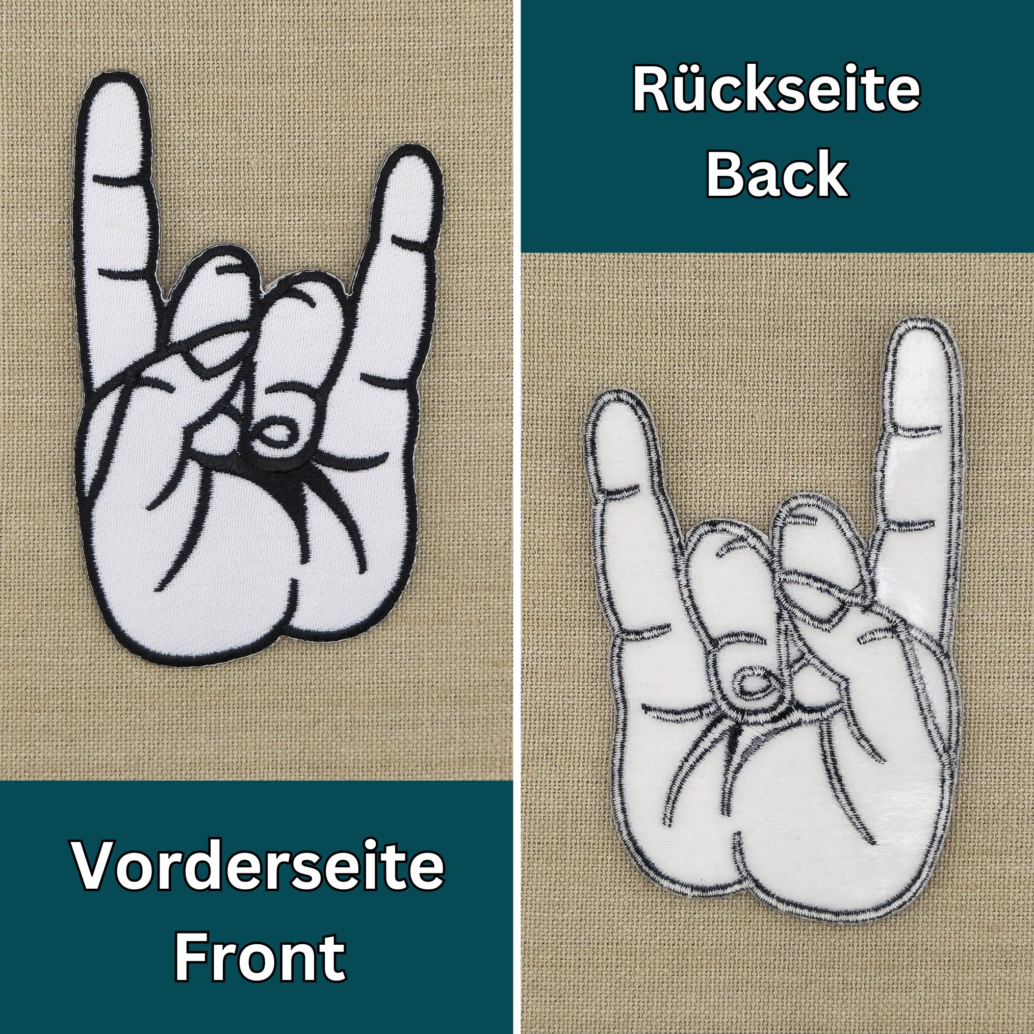 #be31 Mano Cornuta Metal Hand Weiß Rock Aufnäher Bügelbild Applikation Patch Größe 6,3 x 10,0 cm