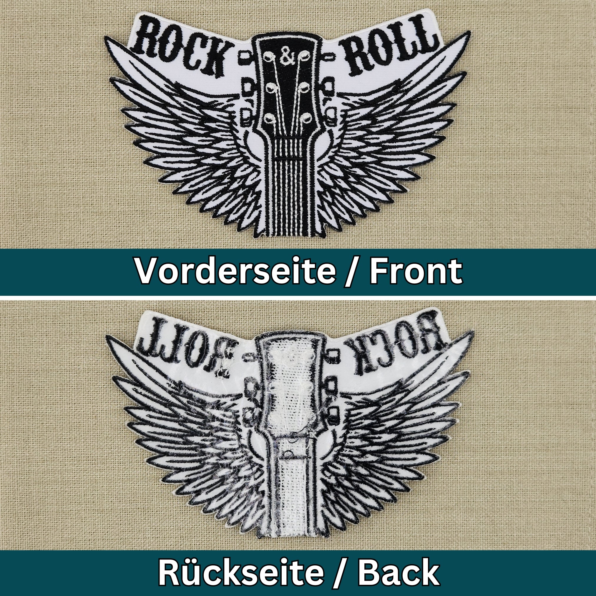 #ae10 Rock N Roll Gitarre Musik Flügel Aufnäher Bügelbild Applikation Patch Größe 12,2 x 7,6 cm