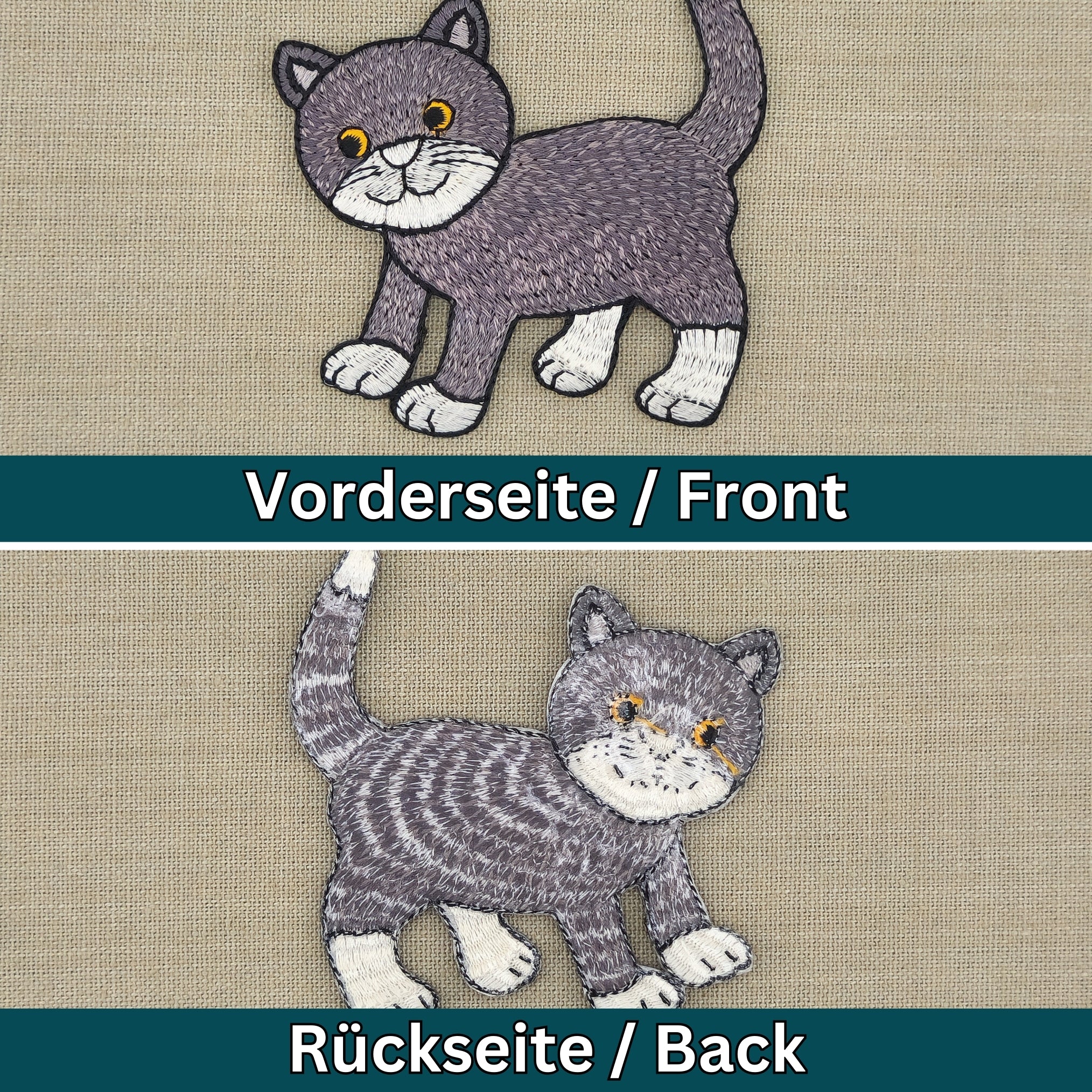 #aa92 Graue Katze Aufnäher Bügelbild Applikation Flicken Patch Größe 8,0 x 8,6 cm