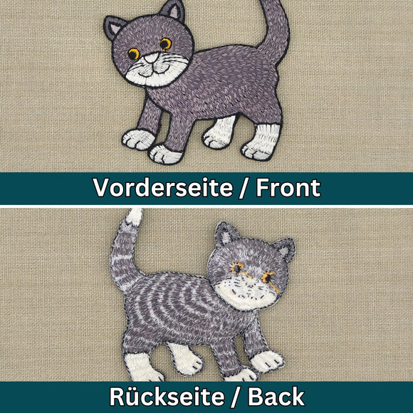 #aa92 Graue Katze Aufnäher Bügelbild Applikation Flicken Patch Größe 8,0 x 8,6 cm