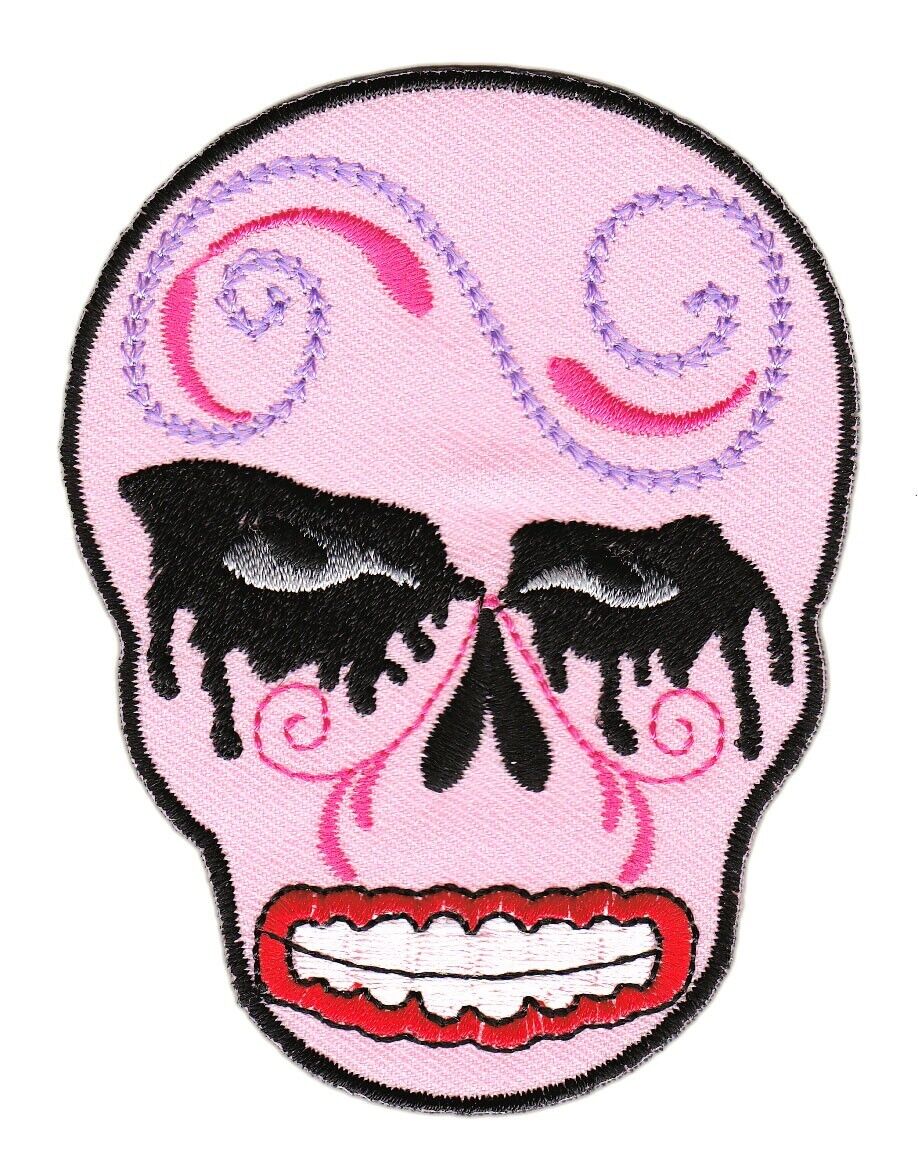 bg44★Totenkopf Rosa Halloween Aufnäher zum aufbügeln Bügelbild Patch 7,3 x 9,4cm