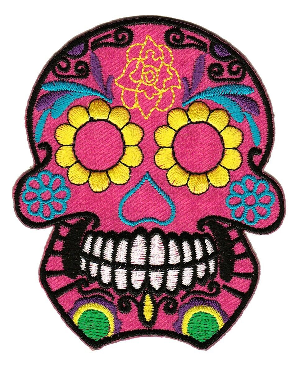 bg39★Totenkopf Rosa Mexiko Skull Aufnäher Applikation Bügelbild Patch 7,5 x 9 cm