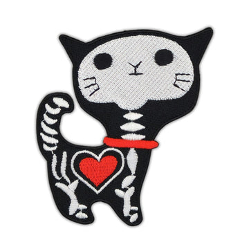ak12★Katze Schwarz Skelett Herz Aufnäher Bügelbild Applikation Patch 6,9 x 8,2cm