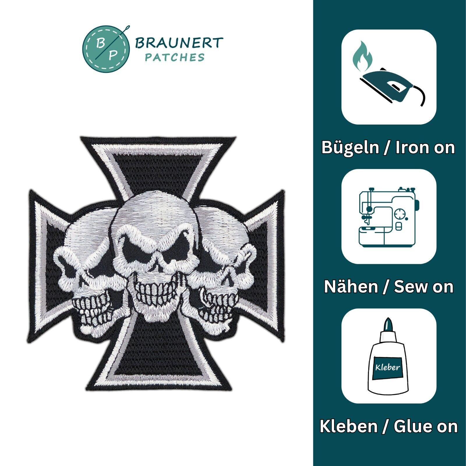 ak44★Totenkopf Biker Eisernes Kreuz Aufnäher Bügelbild Patch Flicken 8,5 x 8,5cm - 0