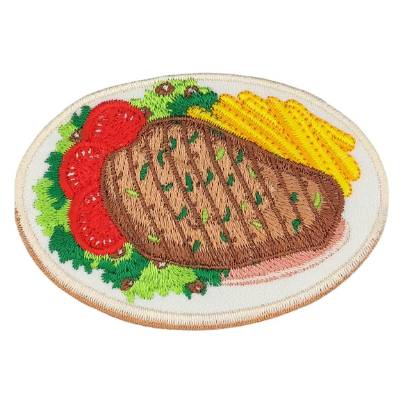 bb61★Steak Pommes Teller Aufnäher aufbügeln Fleisch Bügel Bild Patch 8,2 x 5,6cm