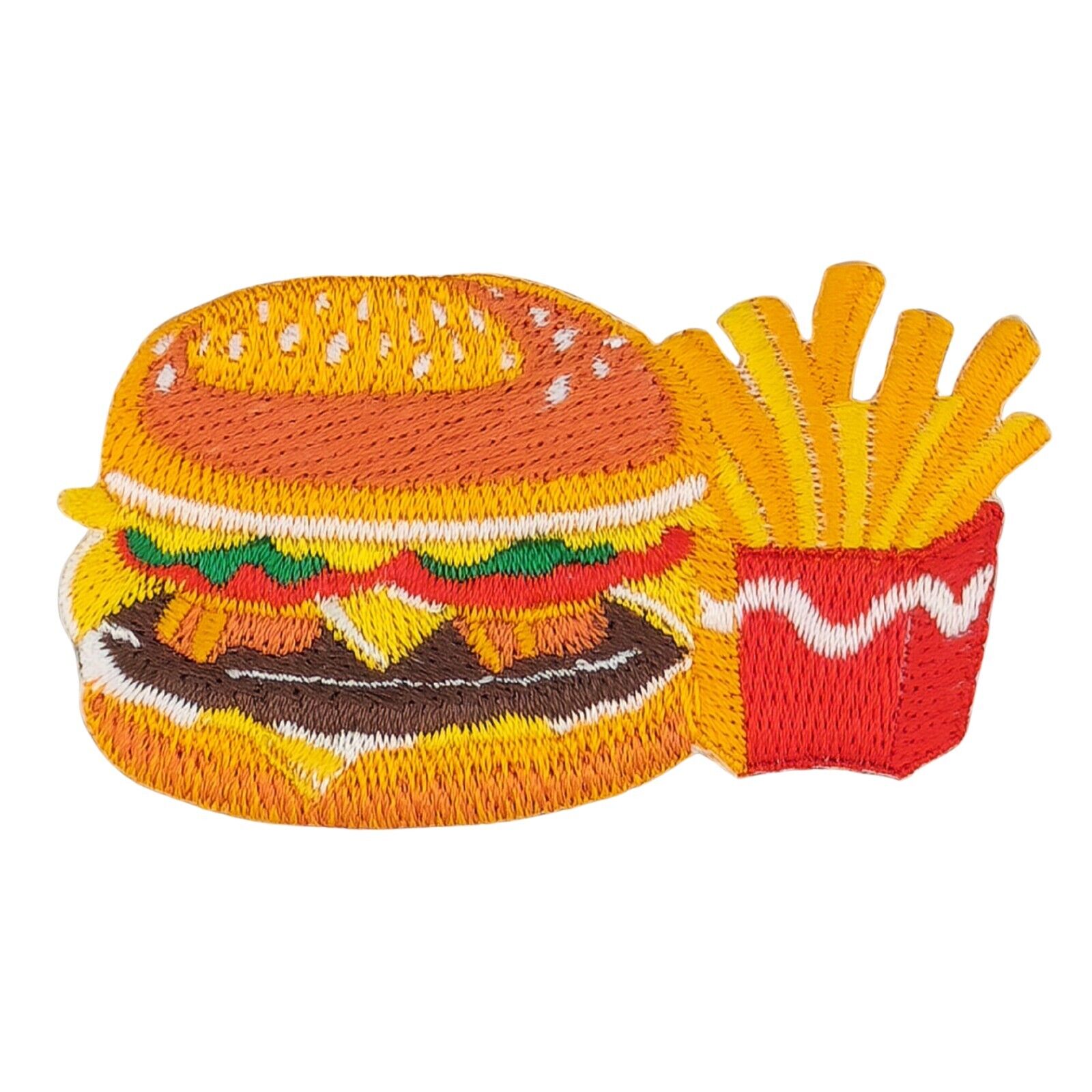 bb32★Cheese Burger Pommes Aufnäher aufbügeln Fast Food Bügel Bild Patch 7x3,9 cm