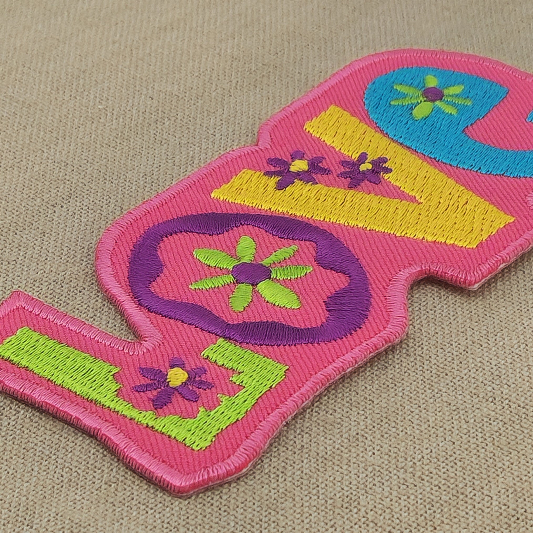 #ac59 Love Peace Pink Hippie Patch Iron-On Application Patch Size 11.0 x 4.8 cm