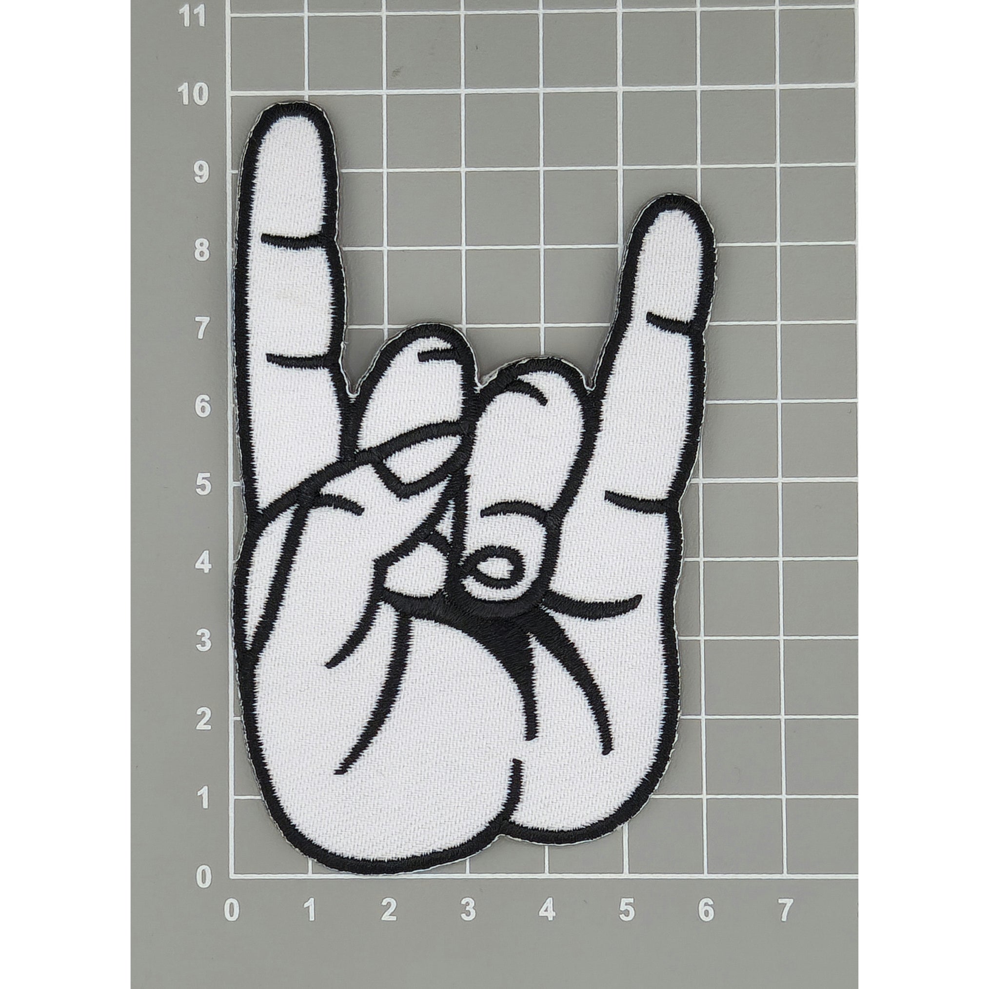 #be31 Mano Cornuta Metal Hand Weiß Rock Aufnäher Bügelbild Applikation Patch Größe 6,3 x 10,0 cm