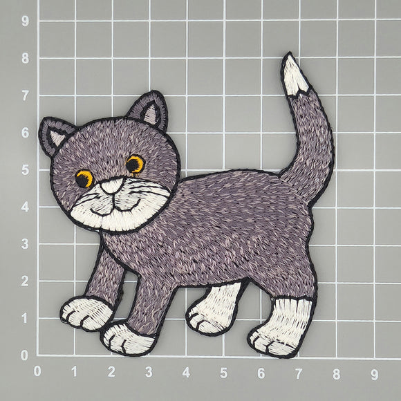 #aa92 Graue Katze Aufnäher Bügelbild Applikation Flicken Patch Größe 8,0 x 8,6 cm