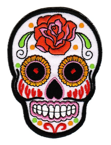 #ae92 Totenkopf Weiß Rose Mexiko Sugar Skull Aufnäher Bügelbild Patch Größe 6,6 x 9,0 cm