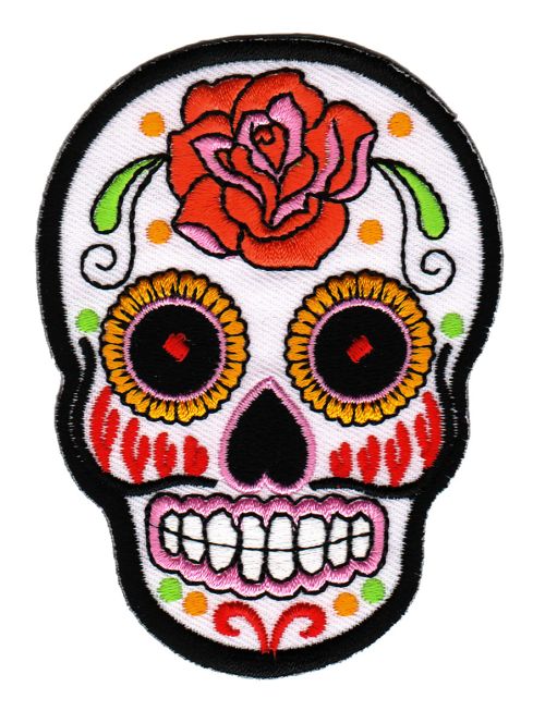 #ae92 Totenkopf Weiß Rose Mexiko Sugar Skull Aufnäher Bügelbild Patch Größe 6,6 x 9,0 cm